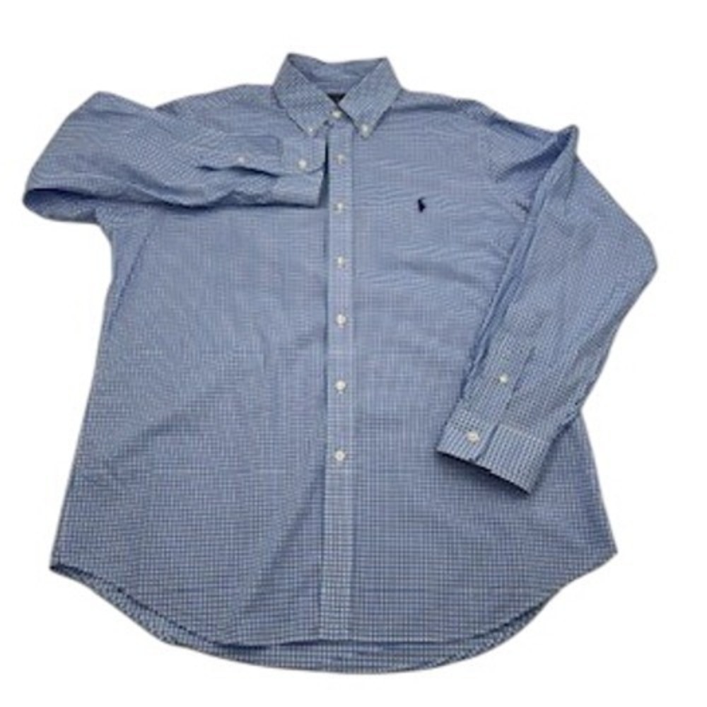 Ralph Lauren Mens Blue Gingham Check Button Down Shirt Large Stretch Cotton L - Picture 2 of 12